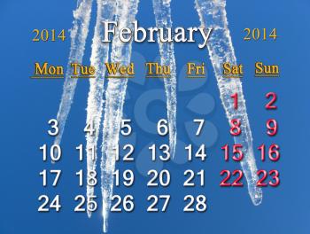 calendar for the Fabruary of 2014 on the background of icicles
