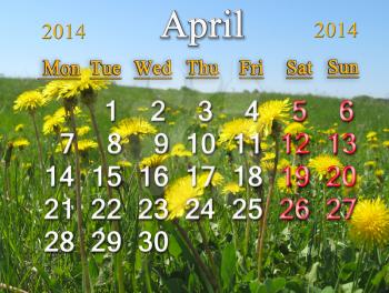 calendar for the April of 2014 year on the background of dandelions