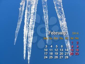 calendar for the Fabruary of 2014 on the background of icicles