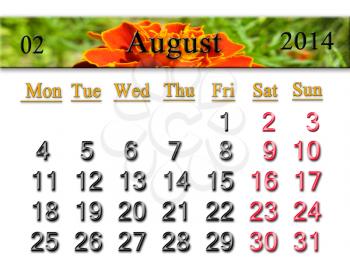 beautiful calendar for the August of 2014 year with flower