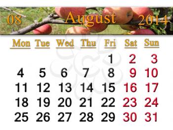 beautiful calendar for the August of 2014 year with apples