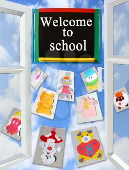 opened window with different children's pictures and school