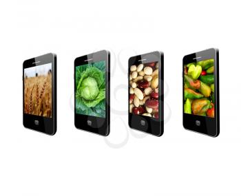 Modern mobile phones with bright images of different vegetables