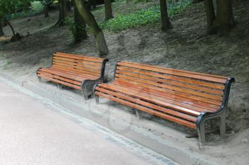 two wooden benches in the big park