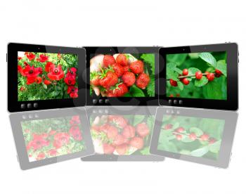 three black tablets with motley pictures with different plants