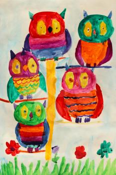 Multicolored children's drawing with some nice fairy owls