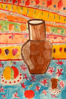 Children's drawing with brown old pitcher on the colorful background