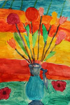 Children's drawing with blue pitcher with flowers on the colorful background