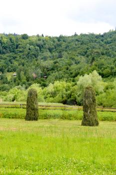 two big mows of hay in the Carpathian village
