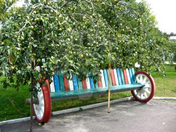 Original bench from wheels standing in a garden