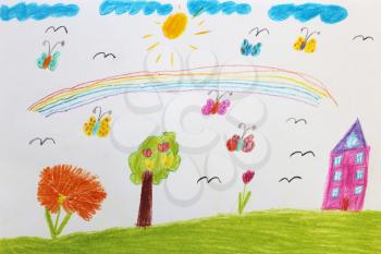 Multicolored children's drawing with butterflies and tree
