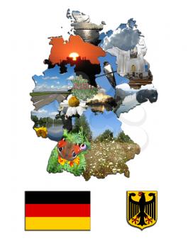 Coloured map and the herb of Germany with photos