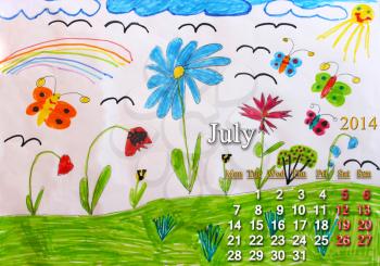 calendar for July 2014 year on the background of child's drawing