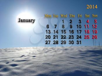 calendar for the January of 2014  on the background of snow-covered desert