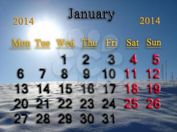 beautiful calendar for the January of 2014 with snow desert