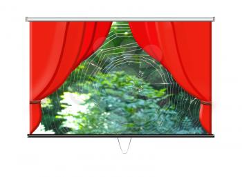 screen with red curtains and beautiful web on the green background