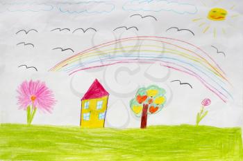 image of children's drawing of houses and tree