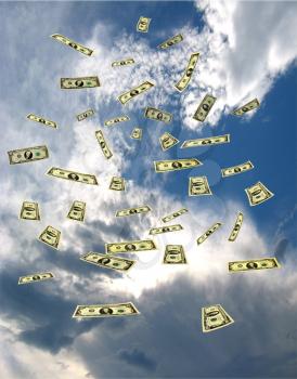 dollar banknotes flying away in the blue sky