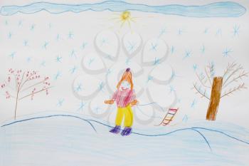 image of children's drawing of skier standing on the ski