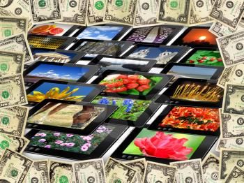 Frame from the dollars on the background of many tablets with different images