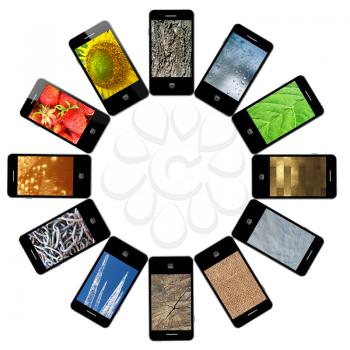 modern mobile phones with different colored images
