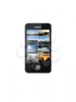 image of modern mobile phone with many photo of landscapes