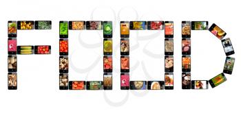 the word Food made from modern mobile phones with different images