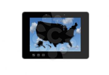 illustration of black tablet and black map of USA isolated on white background