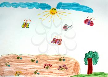 Multicolored children's drawing with many flowers on the bed