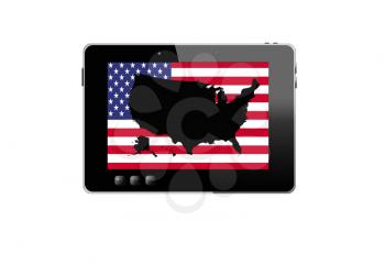 illustration of black tablet and black map of USA isolated on white background