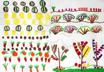 Multicolored children's drawing with many vegetables and fruits on the bed