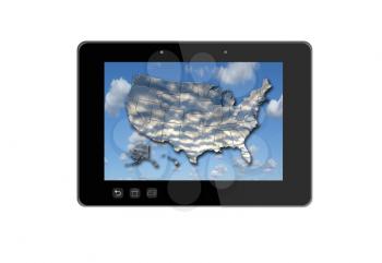 illustration of black tablet and colorful map of USA isolated on white background