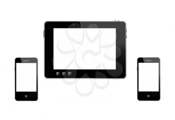 illustration of black tablet and two modern mobile phones isolated on white background