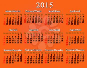 calendar for 2015 year in English and French on the orange background