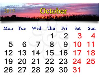calendar for October of 2015 with the ribbon of moss and leaves