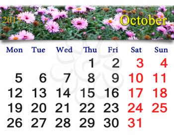 calendar for October of 2015 with the ribbon of pink asters