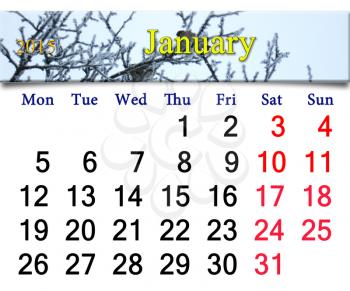 calendar for the January of 2015 with ribbon of flying sparrows above the snowy branch