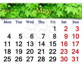 calendar for May of 2015 year on the background of green maple