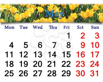 calendar for May of 2015 with flower bed of yellow tulips
