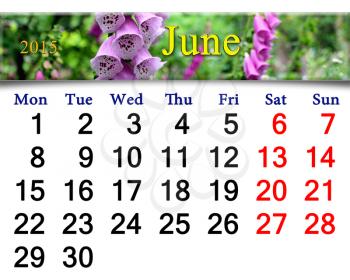 calendar for June of 2015 with flowers of flowers of lilac bluebells