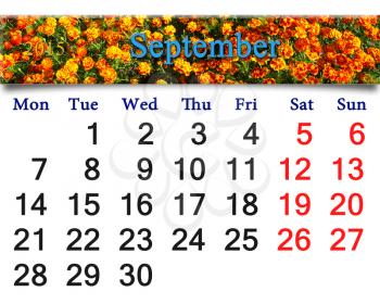 calendar for September of 2015 with image of flowers of tagetes
