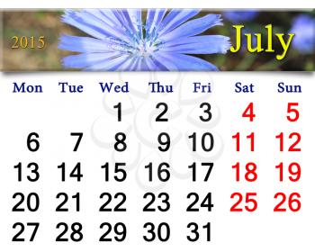 calendar for the July of 2015 on the background of flowers of Cichorium