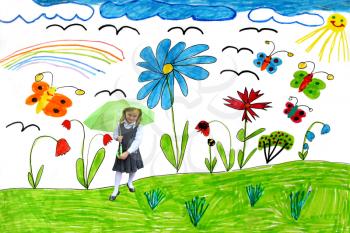 Multicolored children's drawing with butterflies and flowers and little girl playing with umbrella