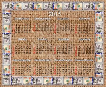 calendar for 2015 year in the American dollars' frame on the sacking