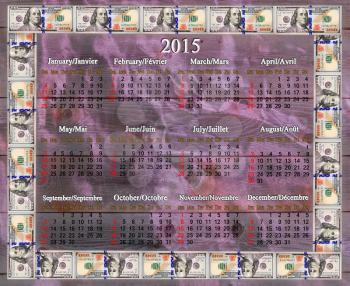 calendar for 2015 year in the dollars' frame on the lilac fabric background