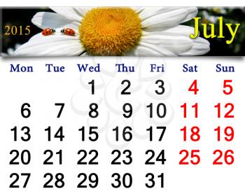 calendar for July of 2015 year with ribbon of ladybirds on the white camomile