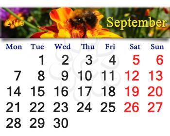 calendar for September of 2015 with image of bumblebee on the flowers of tagetes