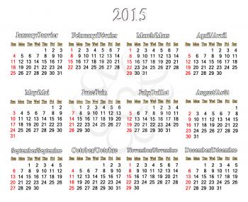 calendar for 2015 year in English and French on white background