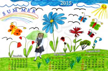 Multicolored drawing with butterflies and flowers and schoolgirl with summer calendar