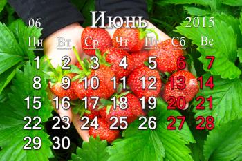 calendar for the June of 2015 year on the background of fresh strawberry
